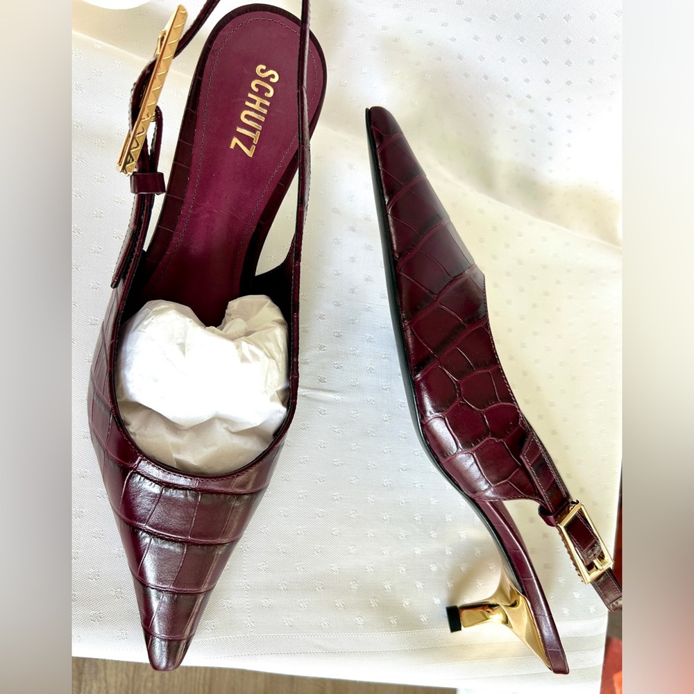 Slingback Pumps, burgundy leather, gold tone kitten heels and buckles